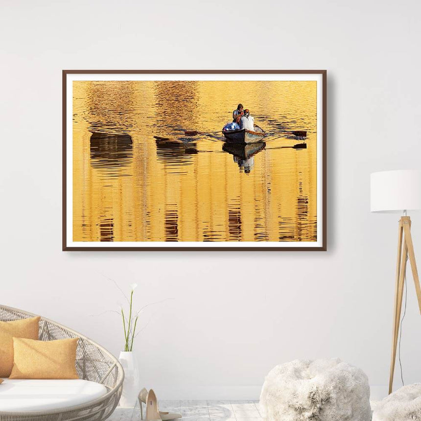 Fine art photographic print by Jonathan and Angela Scott, depicting a fisherman rowing at the Amber Fort in Jaipur, Rajasthan.