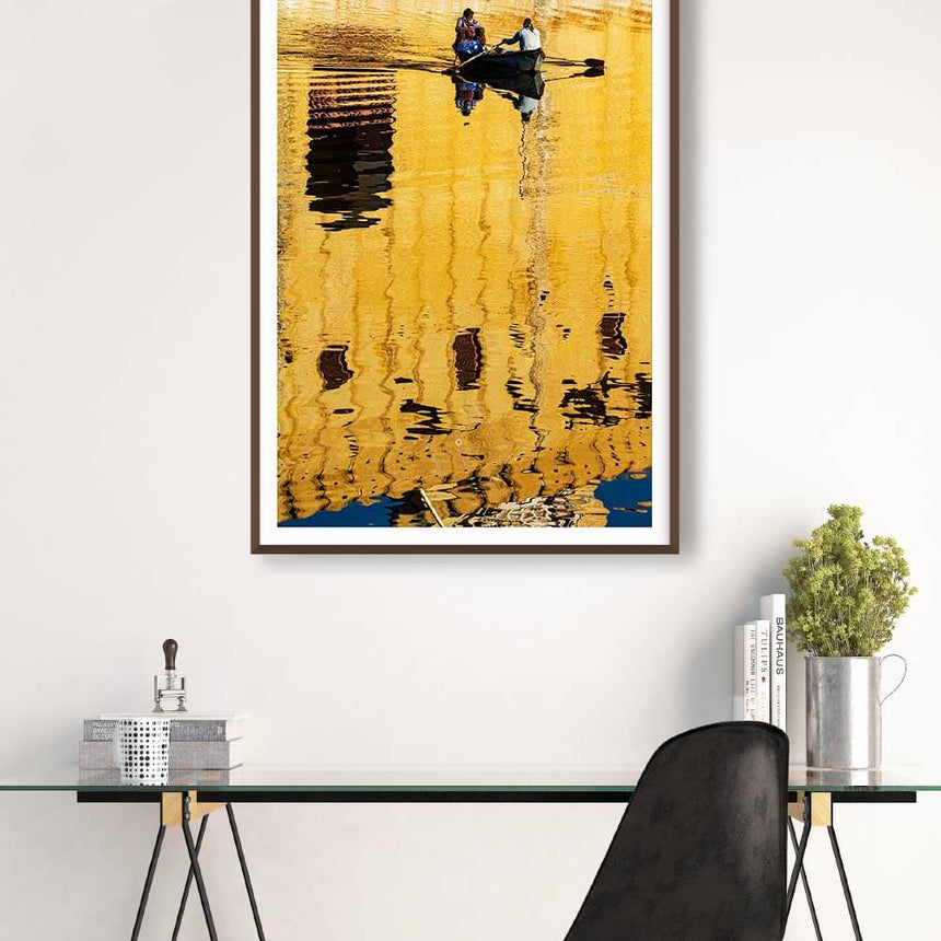 Fine art photographic print by Jonathan and Angela Scott, depicting two fisherman rowing at Amber Fort in India.